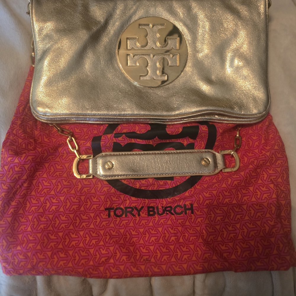 Tory Burch Metallic Gold Shoulder Bag with Logo Emblem